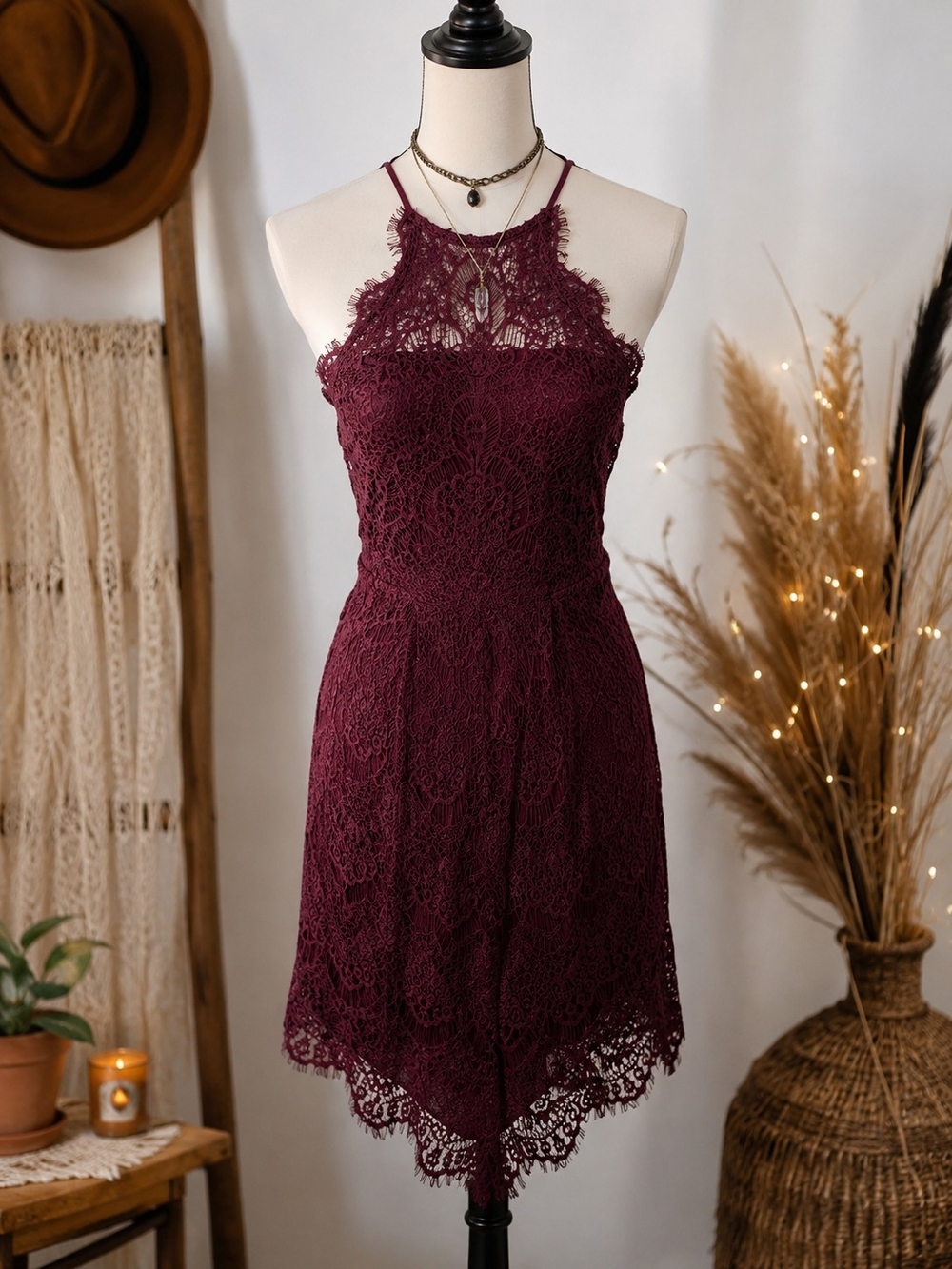 Free People She's Got It Lace Slip Dress Burgundy Wine Boho Small